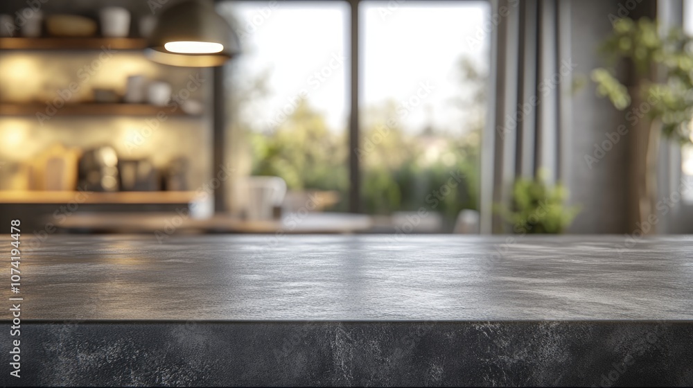 Poster 3d rendering of a table top with a blurred background interior