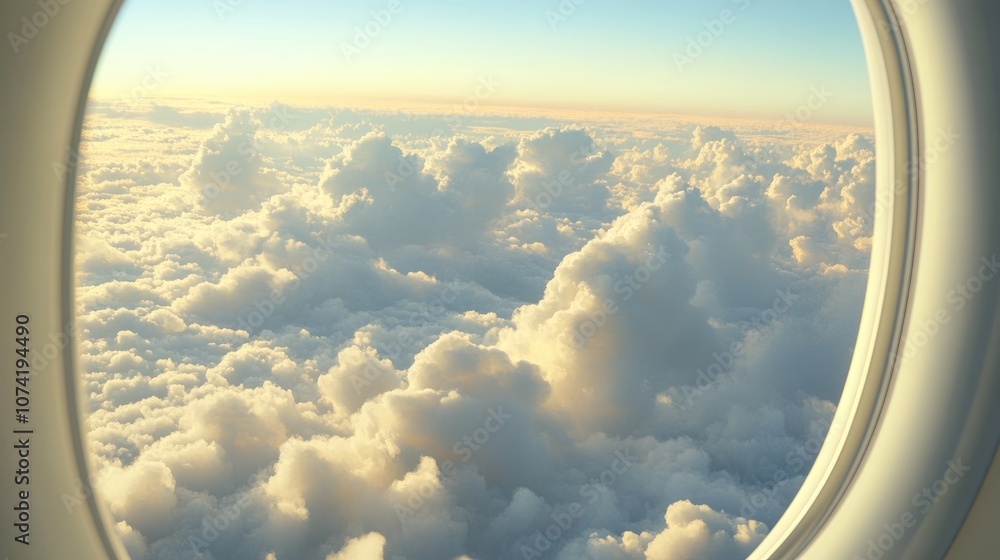 Poster 3d rendering of clouds and sky viewed through an aircraft window
