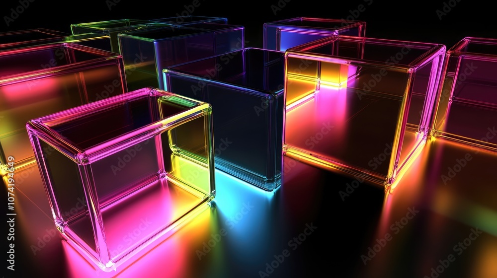 Poster 3d rendering of neon and glass squares against a dark background computer generated illustration