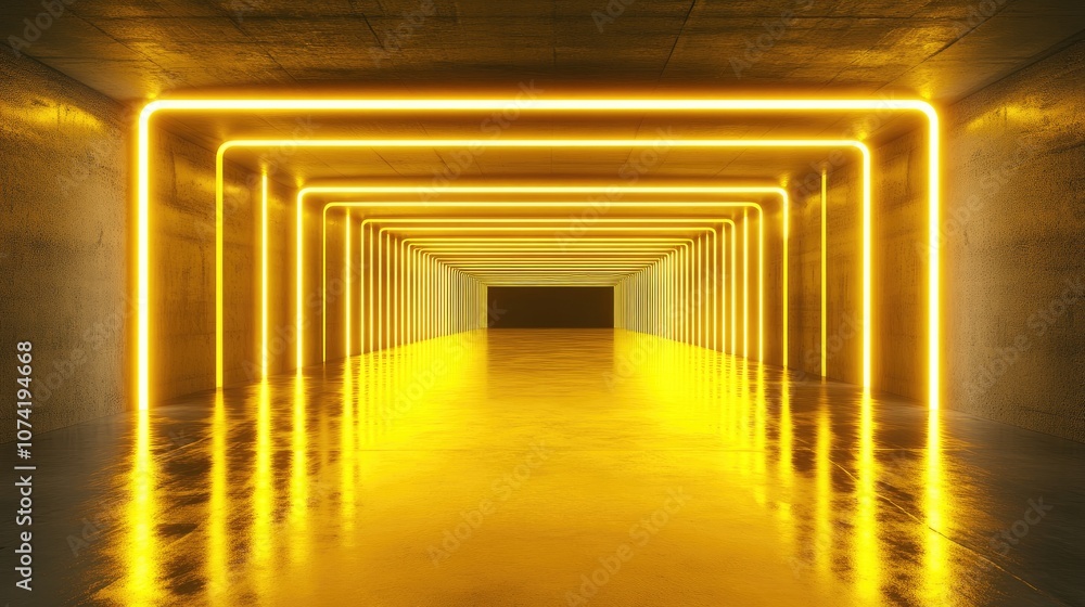 Poster 3d rendering of an abstract corridor tunnel featuring yellow neon lights resembling a fashion podium