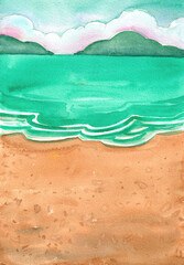 Obraz premium Hand-drawn Beach and Ocean with Mountain Landscape Watercolor