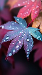 Red, green, and blue maple leaves with water droplets