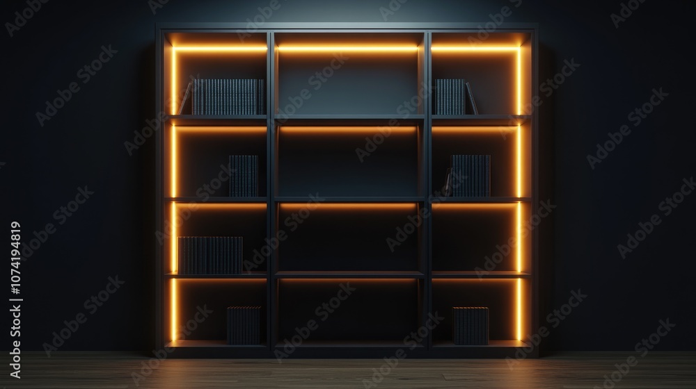 Poster 3d rendering of an empty bookcase illuminated by a rectangular light on the wall