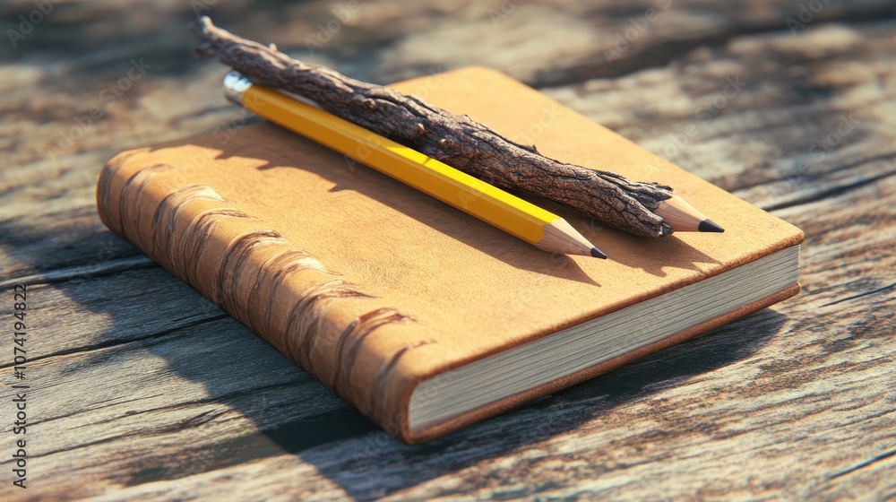 Poster 3d rendering of branch made pencils and a notebook on a wooden surface