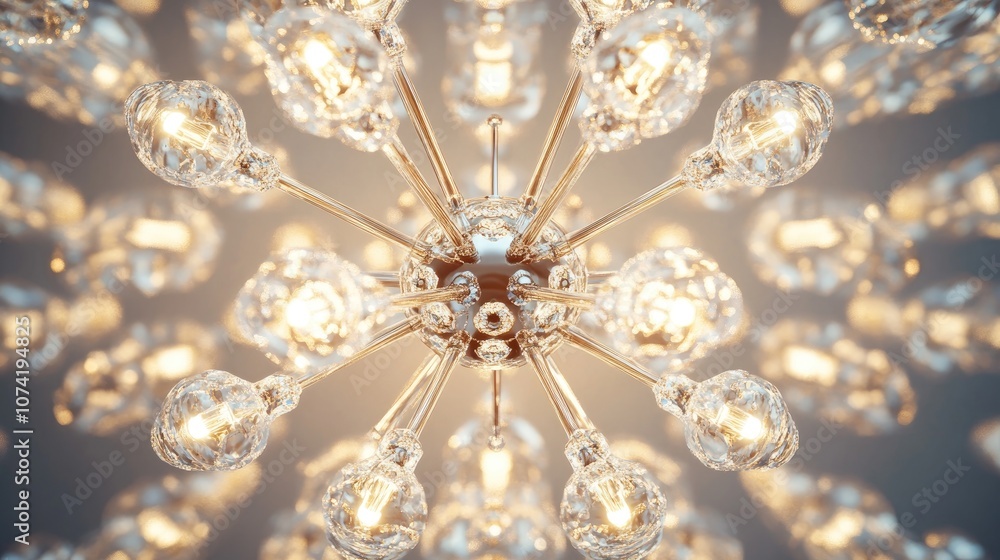 Poster 3d rendering of an elegant crystal chandelier viewed from below suspended from the ceiling in a livi