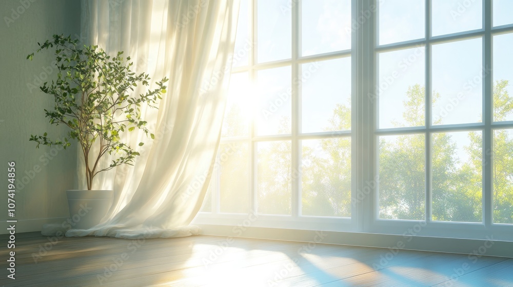 Poster 3d rendering of sunlight streaming through a window in the morning
