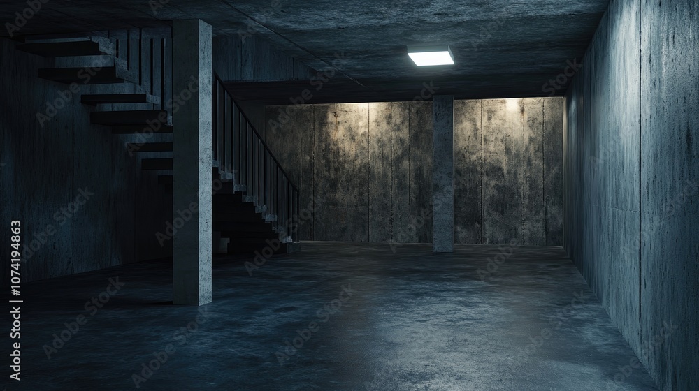 Poster empty interior of a dark basement room with concrete walls 3d rendering of architectural design
