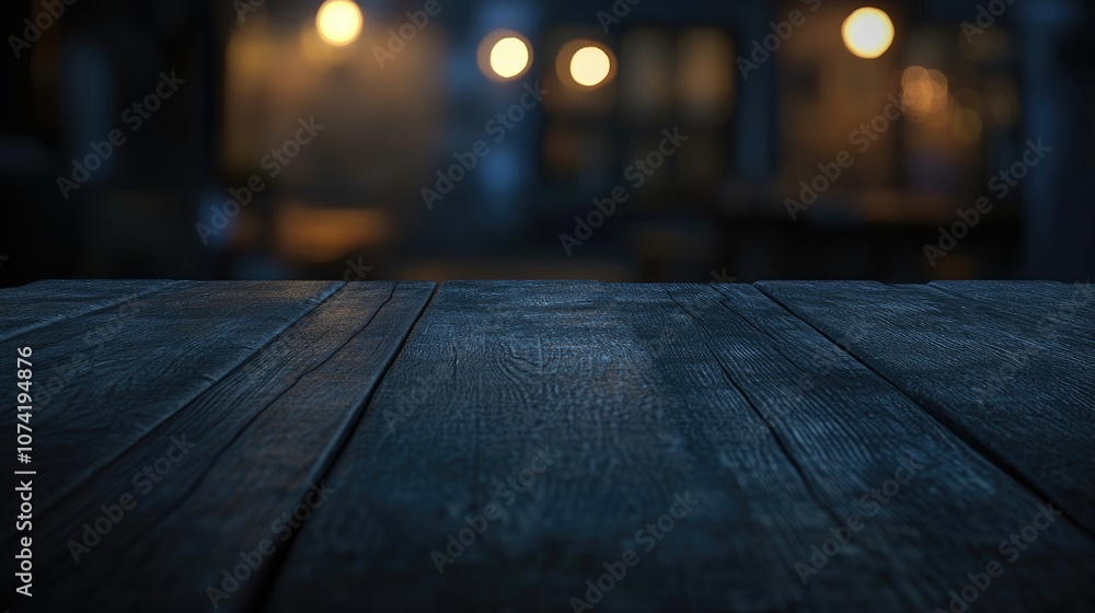 Poster 3d rendering of a dark empty wooden table with a blurred beautiful background illustration