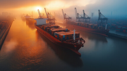Fototapeta premium Cargo ships maneuvering through a misty harbor at sunrise with cranes silhouetted against the vibrant sky