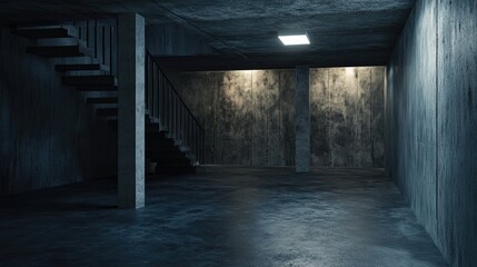 Empty interior of a dark basement room with concrete walls 3D rendering of architectural design