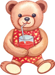 Hand-drawn Brown Bear drinking a juice Watercolor