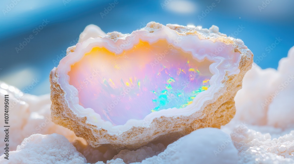 Poster glowing opal geode resting on textured surface with colorful reflections in natural light at a seren