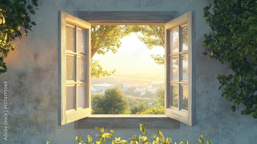 Poster 3d rendering of an open window on a bright morning