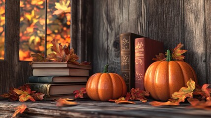 3D rendering of an autumn still life featuring pumpkins autumn leaves and books on a wooden background capturing the essence of the fall season and related celebrations