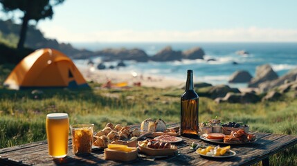 Fototapeta premium Scenic Picnic Table with Food, Wine, and Beer Overlooking Ocean and Grassland, Camping Tent with View of Blue Sea, Sandy Beaches, Rocks, and Swimming Pools on a Sunny Day
