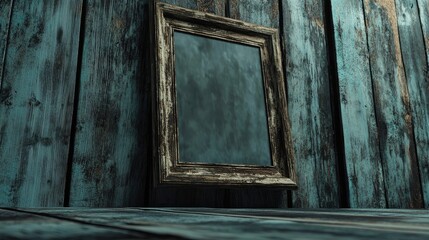3D rendering of an antique picture frame against a rustic wooden wall