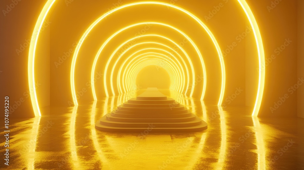 Poster 3d rendering of an abstract corridor tunnel featuring yellow neon lights resembling a fashion podium