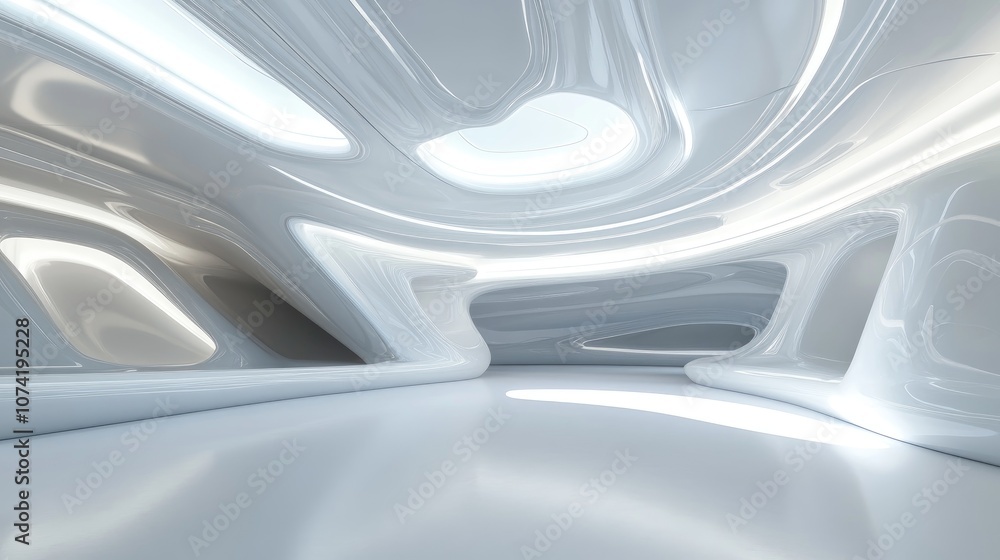 Poster abstract smooth white interior design of a futuristic space with backlighting night view architectur