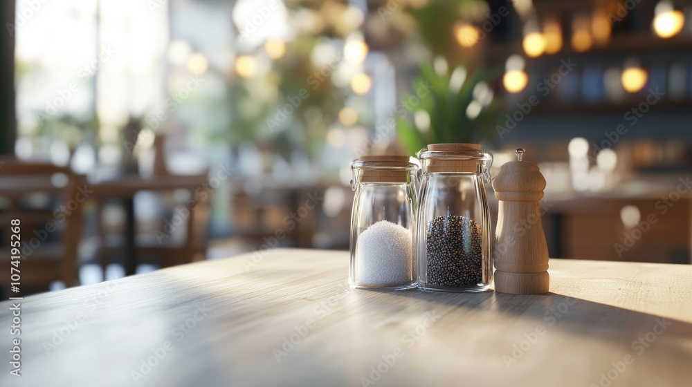 Aufkleber closeup 3d rendering of salt and pepper on a table in a bistro setting