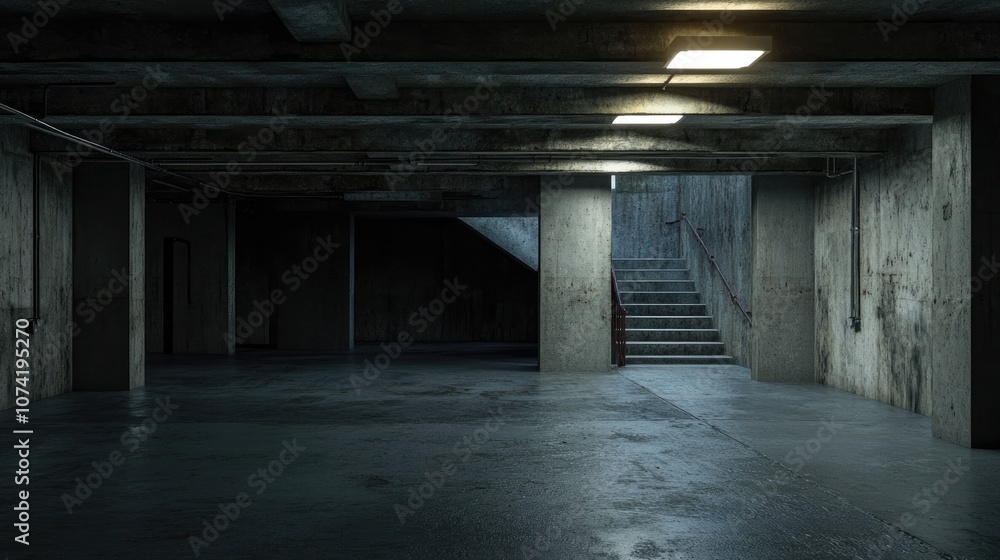 Poster empty interior of a dark basement with concrete walls featuring a 3d rendering of architectural elem