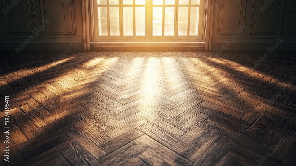 Poster 3d rendering of an old parquet floor illuminated by window glare with a tinted effect