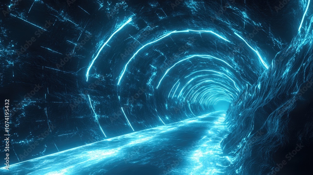Aufkleber 3d rendering of an underground tunnel illuminated by blue neon light featuring an abstract backgroun