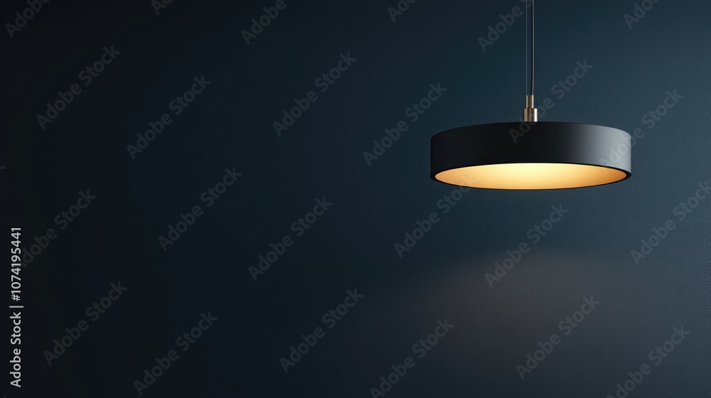 Poster 3d rendering of a modern lamp suspended from the ceiling with ample copy space in a dark tone