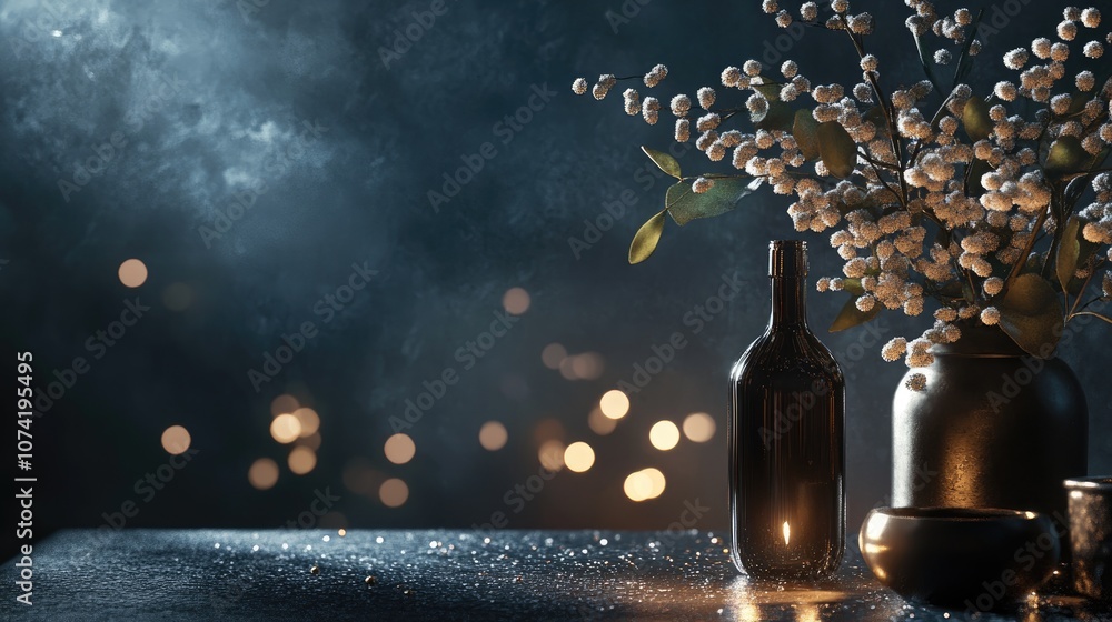 Poster 3D rendering of a still life with selective focus featuring a dark background and bokeh effects