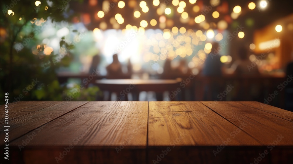 Aufkleber 3d rendering of a wooden table in a blurred coffee shop or cafe setting with abstract bokeh light ef