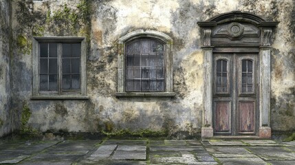 3D rendering of tosca windows in vintage buildings with mossy walls in an old town setting