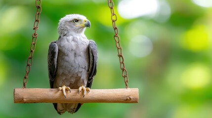 A majestic hawk perched on a wooden swing amid lush greenery during a sunny afternoon