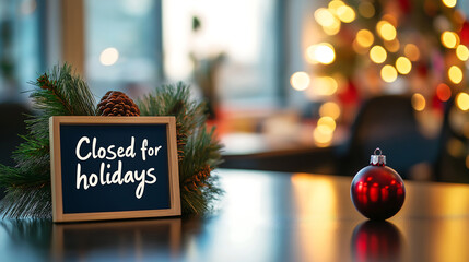 Christmas A chalkboard sign saying Closed for Holidays with festive decorations This image could be used in a design or decoration for a holiday closing announcement