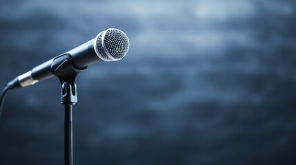 A close-up of a microphone on a stand against a blurred blue background, ideal for concepts like music, performance, or communication in various media like blogs, articles, and promotional materials,