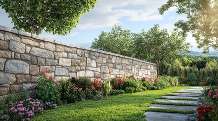 Obraz premium 3D rendering of a decorative exterior natural stone wall in a garden setting
