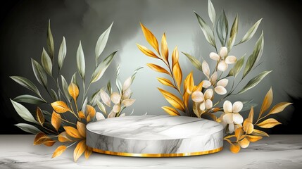 A stylish pedestal surrounded by elegant green and golden leaves, perfect for showcasing products or decor, This versatile setup is ideal for promotional materials, social media