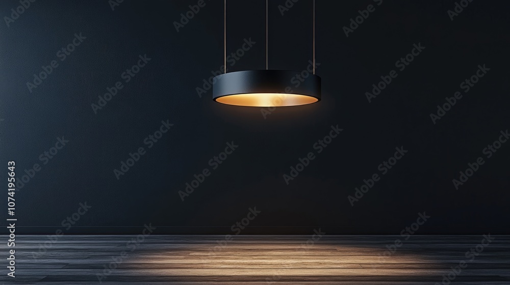 Poster 3d rendering of a modern lamp suspended from the ceiling with ample copy space in a dark tone