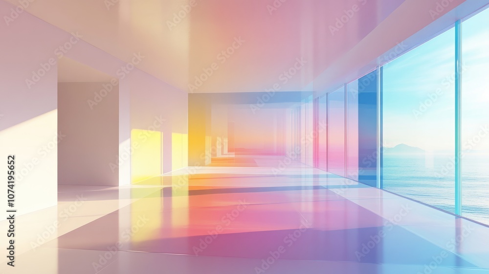 Poster 3d rendering of an abstract interior featuring white and colored gradient glass elements with a wind