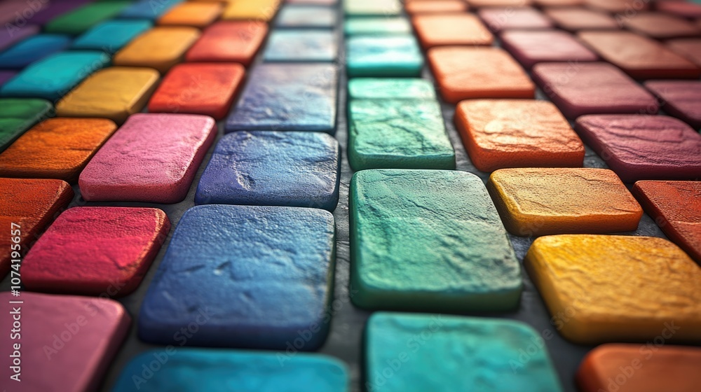 Poster 3d rendering of beautiful multicolored stone ceramic bricks on a tilted background