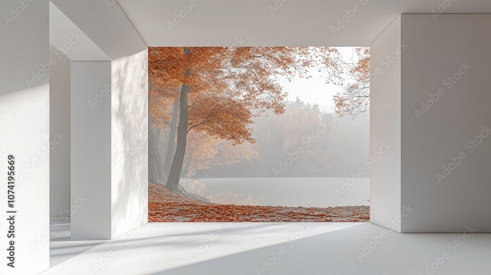 Aufkleber stylish empty room in white featuring autumn landscape through the window showcasing scandinavian in