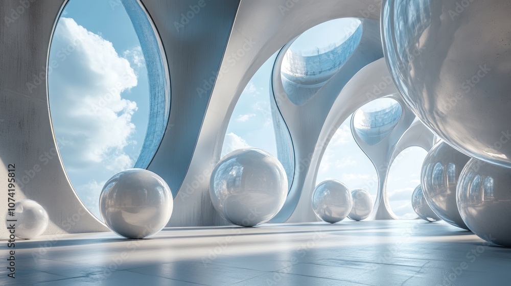 Poster abstract architectural interior design featuring an array of spheres and large windows in a 3d rende