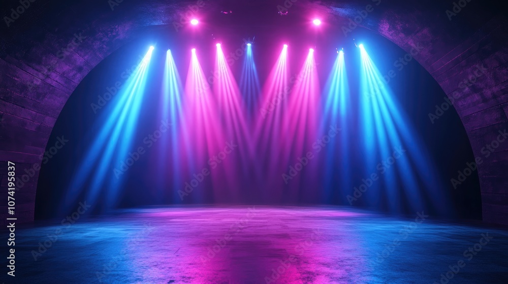 Poster 3d rendering of an empty stage with an abstract background in blue pink and purple neon hues the sce