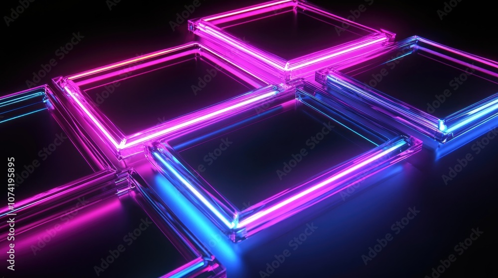 Poster 3d rendering of neon and glass squares against a dark background computer generated illustration