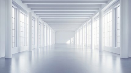 Obraz premium 3D rendering of an empty wide hall with beams featuring abstract architecture and conceptual design