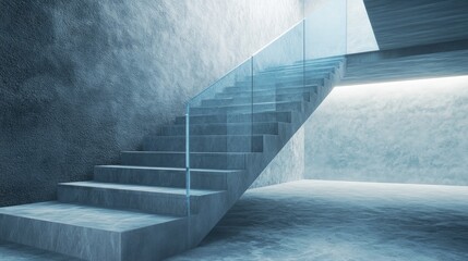Obraz premium 3D rendering of stone stairs with glass railing in a modern interior showcasing a low angle view of the stairway with blue toned details