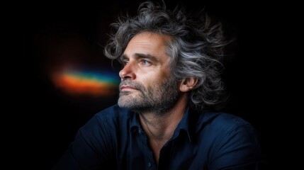 Obraz premium A thoughtful man gazes upward in soft lighting, showcasing textured hair and pensive expression in a serene setting