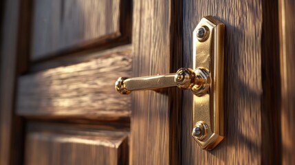 Close up of golden hinges on a wooden door in a 3D rendering