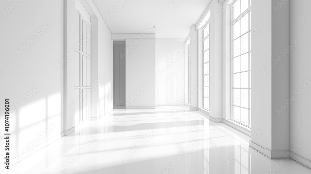 Poster minimalistic architectural interior in white featuring a window 3d rendering and illustration
