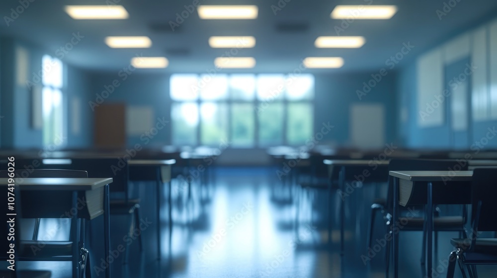 Poster 3d rendering of a blurred view of an empty classroom featuring desks and chairs