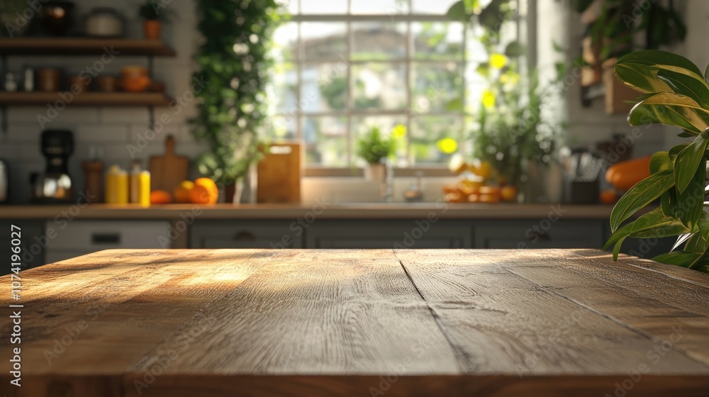 Poster 3d rendering of a table showcasing a product with a blurred kitchen background