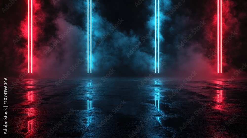 Poster 3d rendering of an empty background scene with the dark reflection of a street on wet asphalt featur